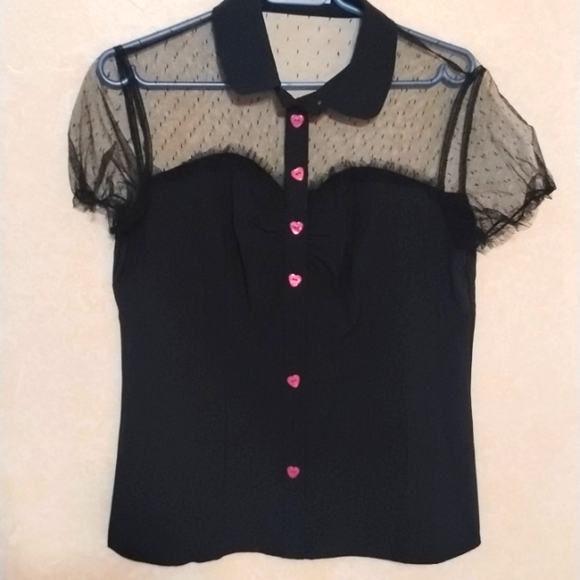 NWOT Black mesh top blouse with pink heart buttons and gathered at the breast - Picture 1 of 7